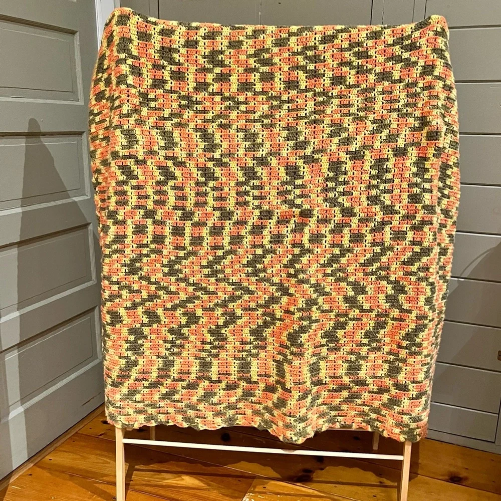 Vintage ca 70s Handmade Orange, Green, and Yellow Crocheted Afghan Blanket